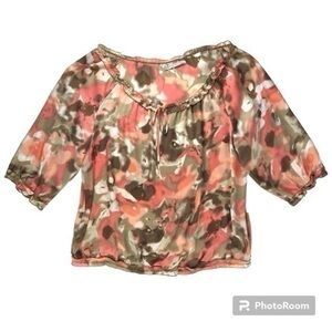 Signature by Larry Levine Womens Size 2X Coral Green Abstract Peasant Blouse Top